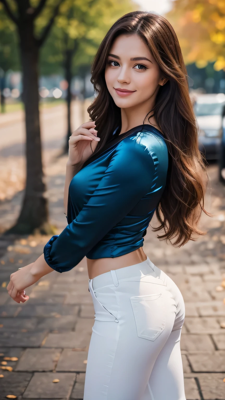Realistic full body photo of a smiling, beautiful brunette woman with long hair, She dances in front of the camera in a dark blue satin shirt and tight, elegant white tight pants ...., fine fabrics, Park,glamour fotoshooting, Park, perfect anatomy, perfect brown eyes. Perfect hands with 5 fingers on each hand, Suitable woman, looking at the camera, 1 Frau. (Eye make up:1.1), (highly detailed skin:1.1), spirit, analog style, keen focus, 8K  UHD, dslr, good quality, Fujifilm XT3, Grain, Award-winning, ​masterpiece. Park