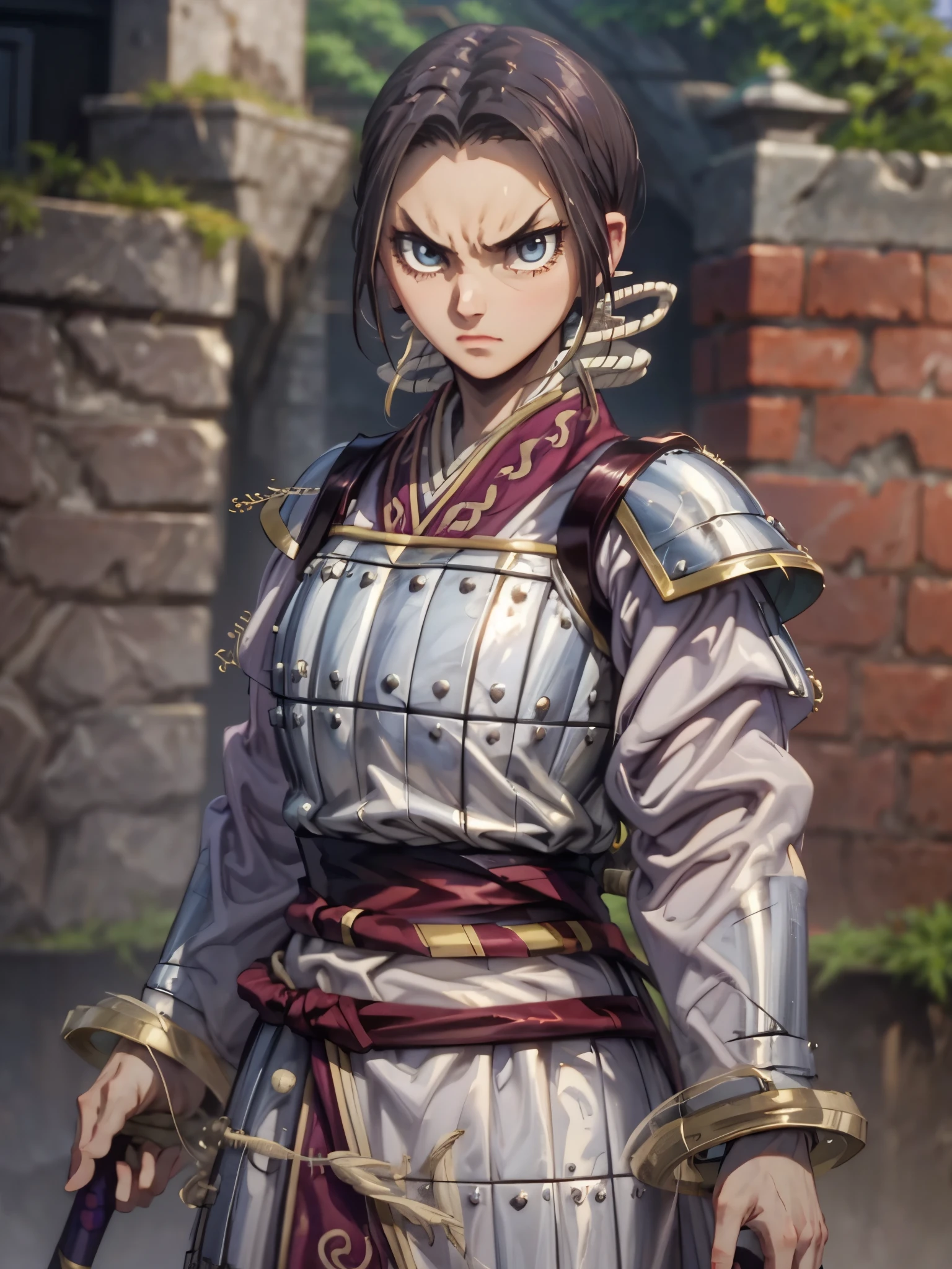 8k, Highly Detailed, Masterpiece, source_anime, best quality, beautifully detailed eyes and beautifully detailed hair, 1girl, solo, a character with fair skin, large expressive eyes, and dark brown hair styled in a neat  tied back, straight manner, sharp facial features face,  They are dressed in traditional warrior attire, consisting of a white robe with purple and gold accents, and silver armor plating on the chest and forearms. The character also wears a dark blue belt and has two swords sheathed at their sides. The overall design is detailed and emphasizes a historical or fantasy warrior theme. The background consists of a stone wall, adding a rustic and historical feel to the scene. The character's facial expression is serious and focused, suggesting determination or concentration, 