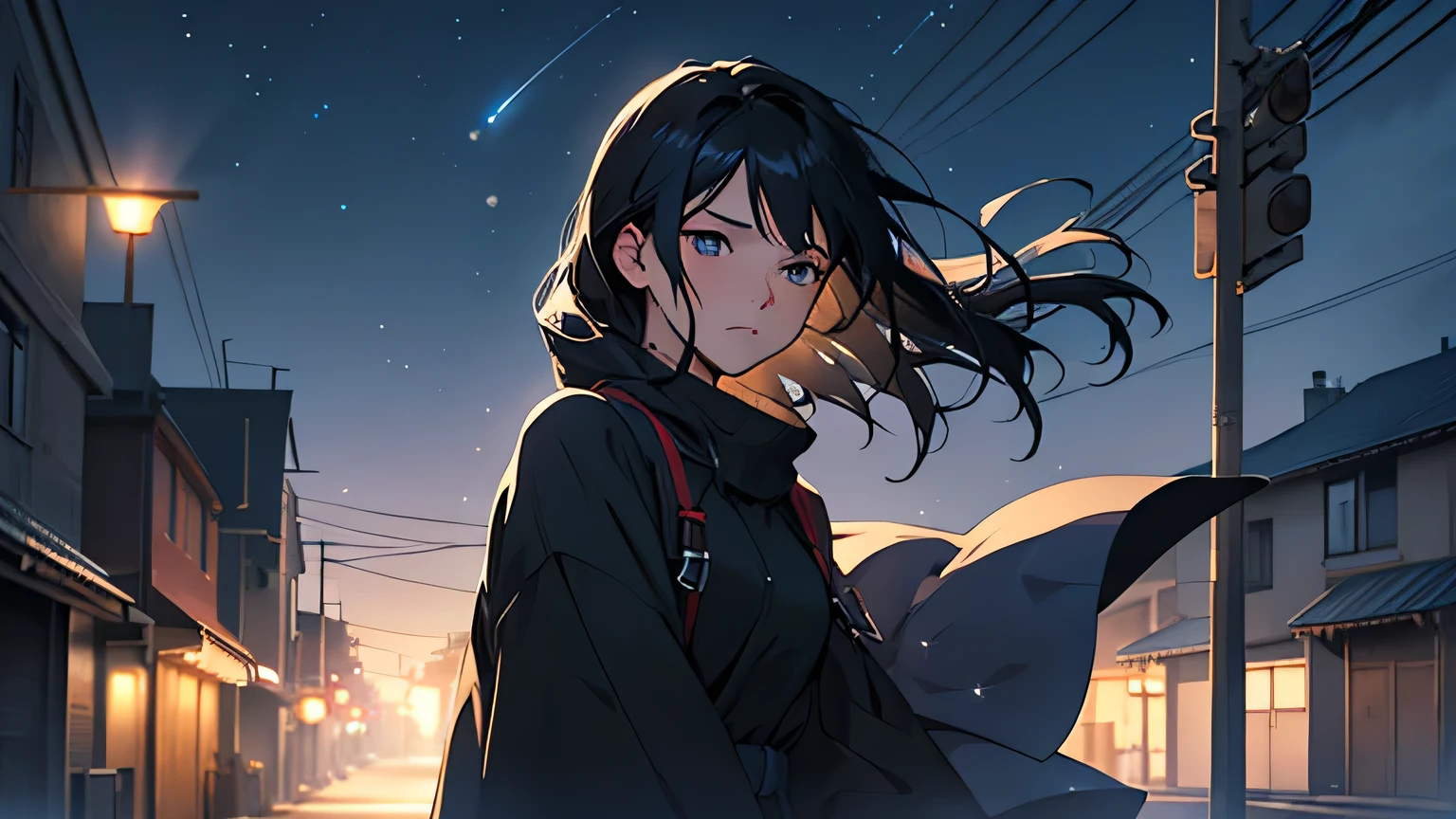 Beautiful sad woman drawn in anime style。Enveloped in the deep blue night sky、Her black hair is flying in the wind。Staring into the distance with a fleeting expression、Sparkling stars in the background々There is a blurry street light、Please express an overall fantastical and mysterious atmosphere.。