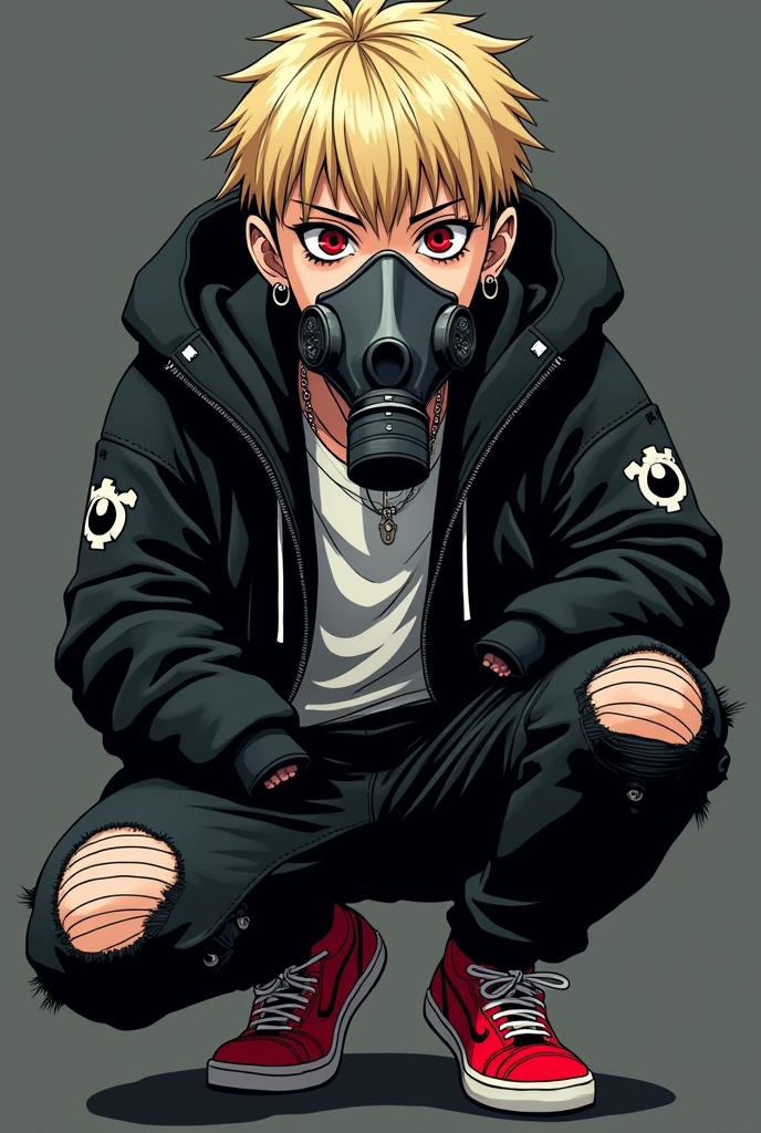 ((8K)), (Very detailed), (artwork), (2010 anime line style), 1 man, has short blonde hair with an American cut, red iris color, wears black contact lenses with spirals, wears two hoops in his ears, a gas mask in his mouth, wears a black open puffer jacket with gang symbols, wears a white shirt, wears men's ripped black baggy pants, wears red sneakers, serious look, hands in pockets, spine leaning back.