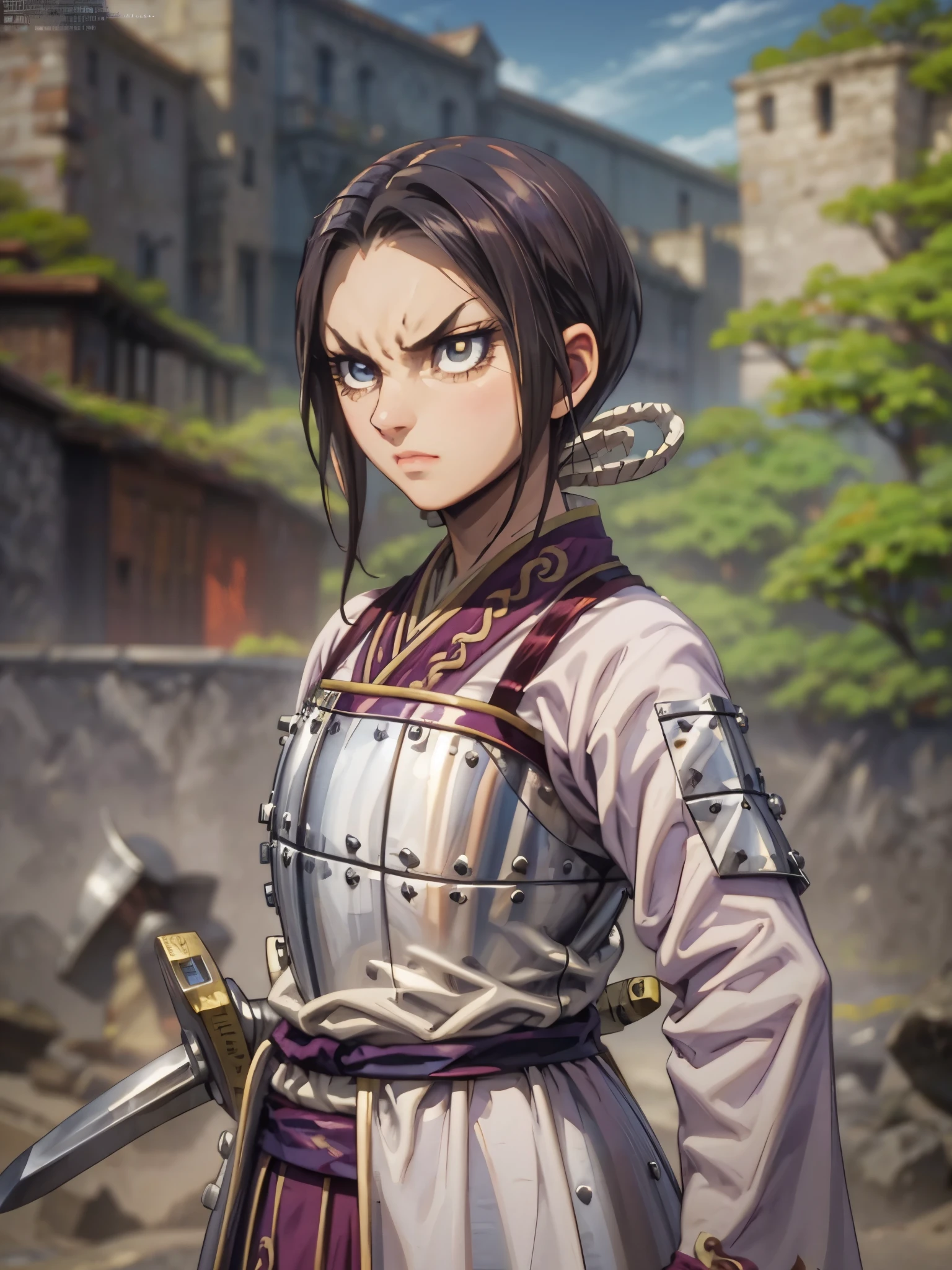 8k, Highly Detailed, Masterpiece, source_anime, best quality, beautifully detailed eyes and beautifully detailed hair, 1girl, solo, a character with fair skin, large expressive eyes, and dark brown hair styled in a neat  tied back, straight manner, sharp facial features face,  They are dressed in traditional warrior attire, consisting of a white robe with purple and gold accents, and silver armor plating on the chest and forearms. The character also wears a dark blue belt and has two swords sheathed at their sides. The overall design is detailed and emphasizes a historical or fantasy warrior theme. The background consists of a stone wall, adding a rustic and historical feel to the scene. The character's facial expression is serious and focused, suggesting determination or concentration, 