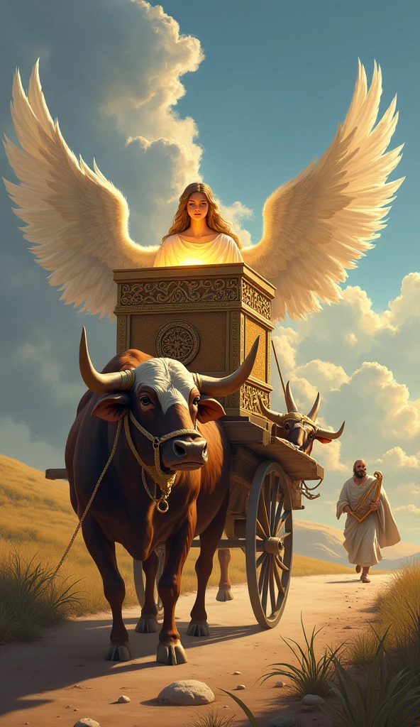 The Ark of the Covenant with two little angels, facing each other with their wings open, on top of the ox cart, oxen in front and King Solomon playing the harp further ahead, happy in life, Dirt road.