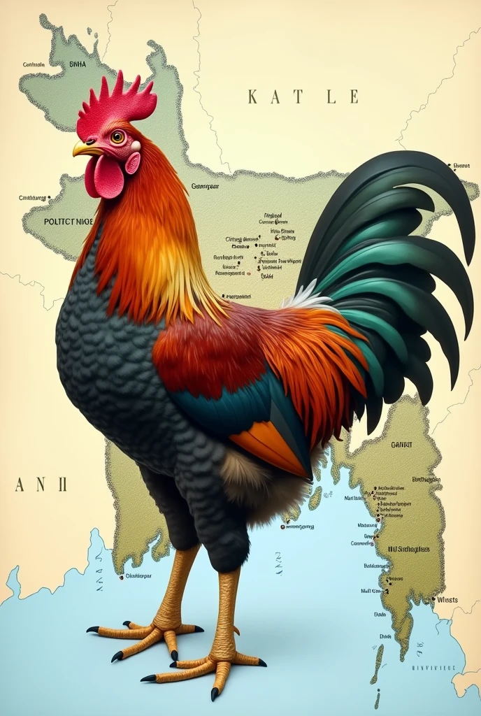 Certainly! He
"An edited political map of Bangladesh where a right facing chicken’s body is integrated into the map. The chicken’s leg should be placed directly over the Chittagong region, with the leg and map subtly blended together using a slight blur effect. The blur should be just enough to make both the Chittagong region and the chicken leg visible and distinct while ensuring they blend naturally. The map and chicken should retain realistic details, with the map remaining clearly visible. In a way where the map of Bangladesh looks like a chicken flapping wings with sylhet looking like wing and Chittagong looking like a leg. Chicken head is on dinajpur and body on dhaka and one leg on Chittagong as spread for running. 

Chicken has left facing body on map with leg on Chittagong 