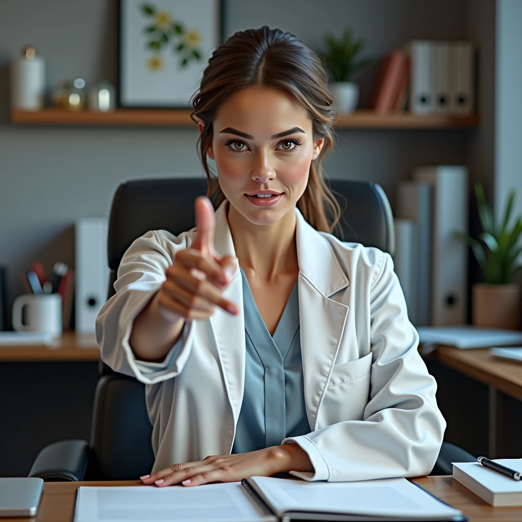 image of a woman pointing her finger forward with a serious expression, ultrarealistic, She is wearing a nutritionist's lab coat sitting at an office desk