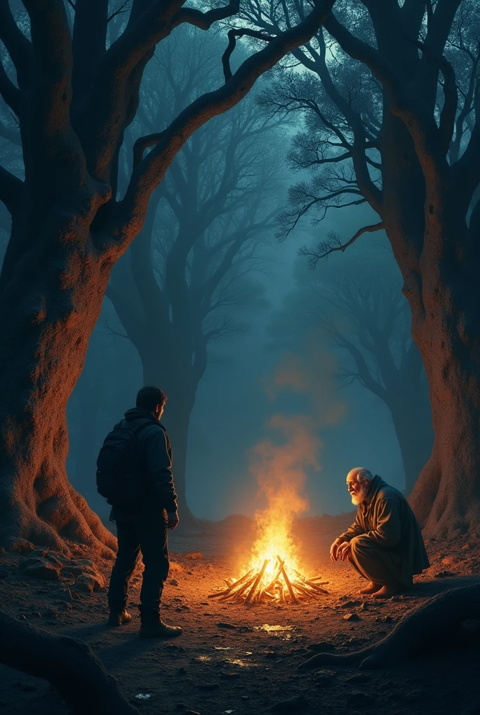 create a man meeting an unknown old man at a bonfire in the huge forest at scary night