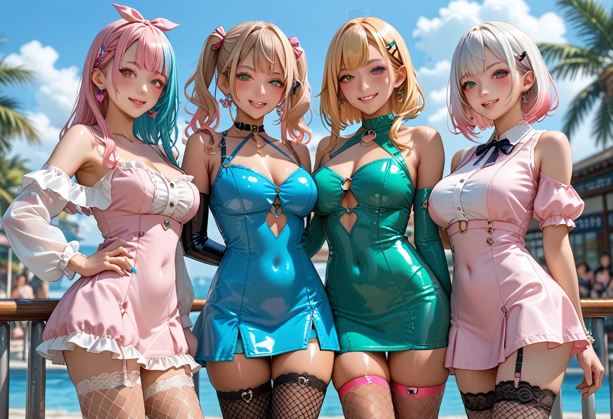 Score_9, score_8_up, score_7_up, score_6_up, rating:safe, (4girls), looking at viewer, detailed eyes, blush, multiple girls, vtuber, virtual youtuber, multicolored hair, standinglineup, line up, side by side, take your pick, gyaru, bodycon, shiny dress, clothing cutout, elbow gloves, microskirt, o-ring, pink dress, blue dress, green dress, purple dress, bow, navel, midriff, fishnet thighhighs