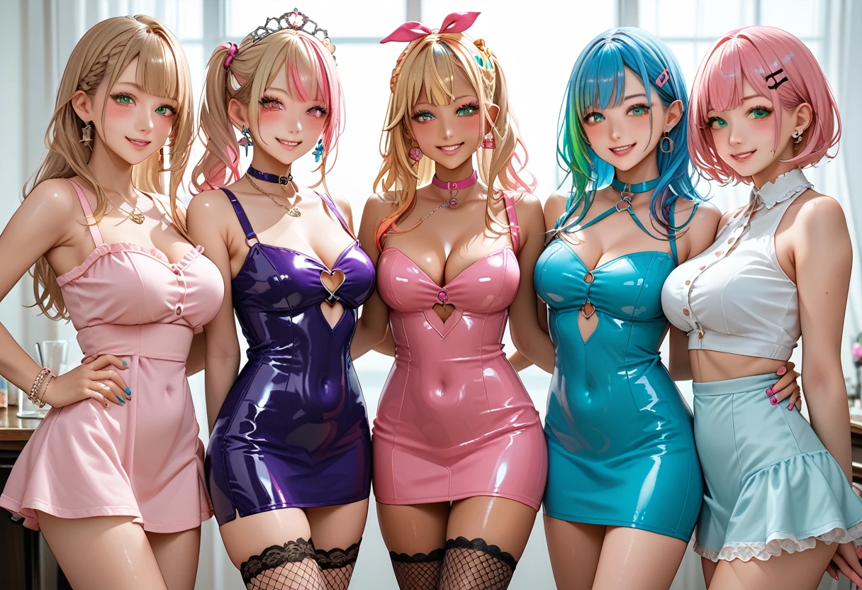 Score_9, score_8_up, score_7_up, score_6_up, rating:safe, (4girls), looking at viewer, detailed eyes, blush, multiple girls, vtuber, virtual youtuber, multicolored hair, standinglineup, line up, side by side, take your pick, gyaru, bodycon, shiny dress, clothing cutout, elbow gloves, microskirt, o-ring, pink dress, blue dress, green dress, purple dress, bow, navel, midriff, fishnet thighhighs