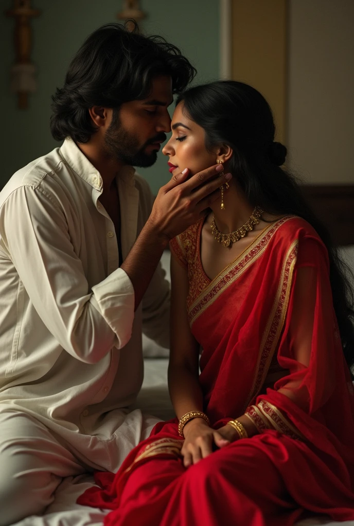 A 2 beautiful girl, wearing red saree,on a bed,her head is hidden with sarre, a man 2, wearing white panjabi he is trying to her face by opening her saree