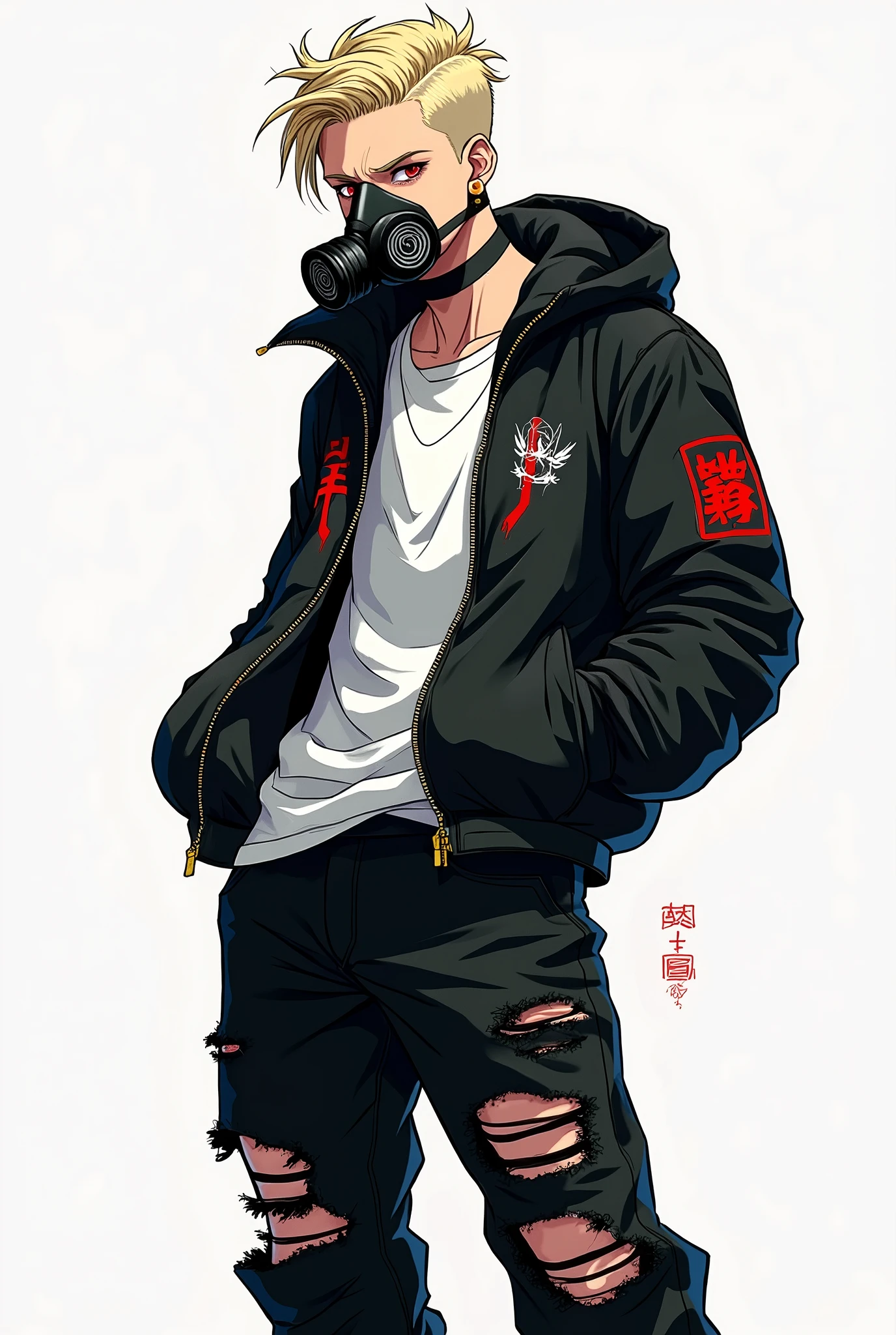 ((8K)), (Very detailed), (artwork), (2010 anime line style), 1 man, has short blonde hair with an American cut, red iris color, wears black contact lenses with spirals, wears two hoops in his ears, a gas mask in his mouth, wears a black open puffer jacket with gang symbols, wears a white shirt, wears men's ripped black baggy pants, wears red sneakers, serious look, hands in pockets, spine leaning back.