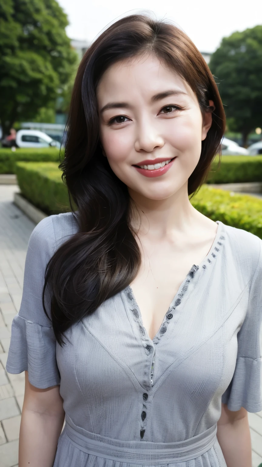 最high quality, In 8K, Masseter region, Real, Sharp focus, high quality, High resolution, Detailed face, Detailed eyes, Thick lips, Background Blur, alone, Middle-aged women, , 5, , Wavy Hair, Cleavage, Wearing a plain short-sleeved knit, Afternoon in front of the park garden, Wrinkles around the eyes, Smiling with teeth showing