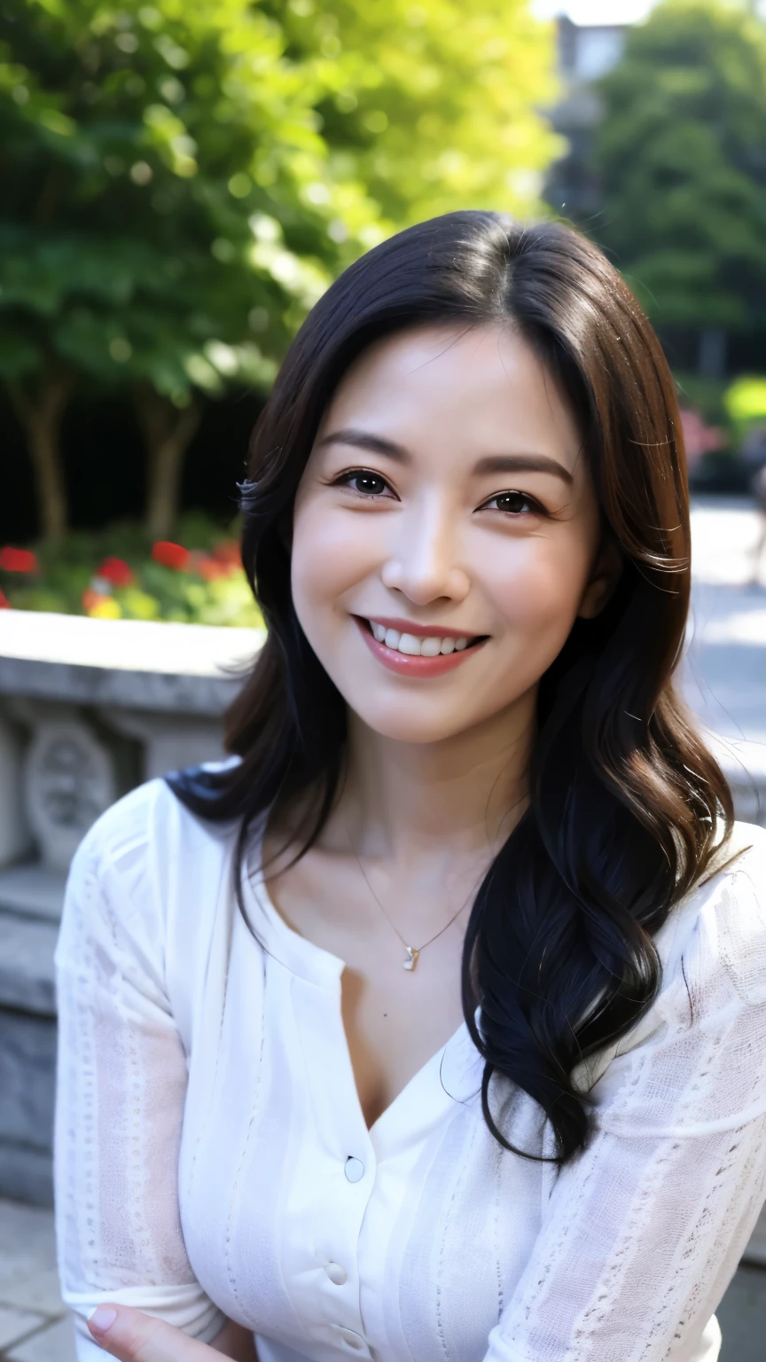 最high quality, In 8K, Masseter region, Real, Sharp focus, high quality, High resolution, Detailed face, Detailed eyes, Thick lips, Background Blur, alone, Middle-aged women, , 5, , Wavy Hair, Cleavage, Wearing a plain short-sleeved knit, Afternoon in front of the park garden, Wrinkles around the eyes, Smiling with teeth showing