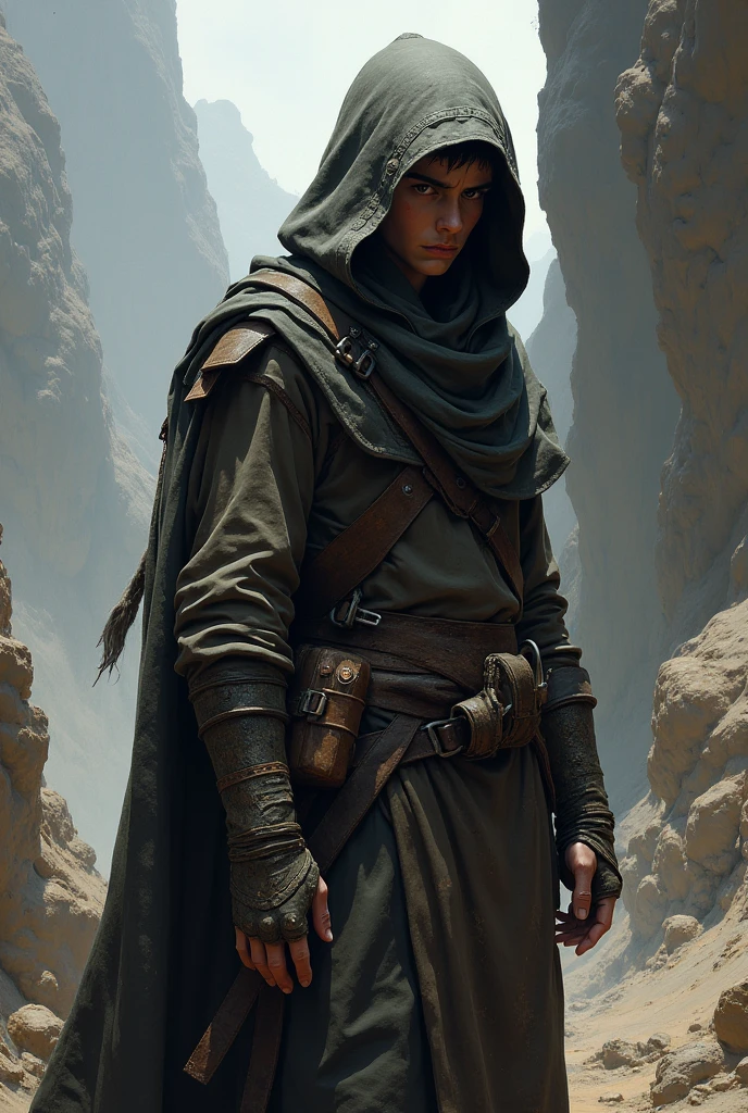 Hooded ranger after a long journey tired. Young and medium height