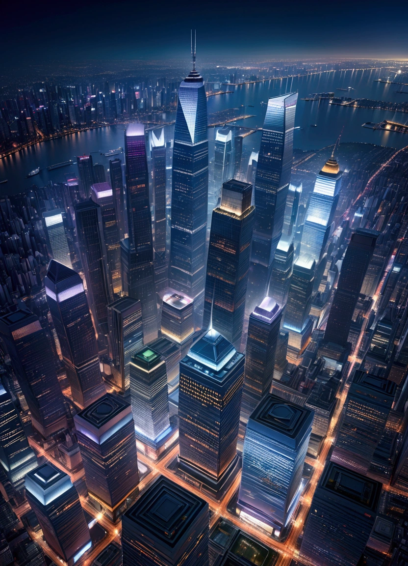 View from the airplane cabin, Night view of skyscrapers, (Ultra-high resolution,16K),Fantasy, The world of picture books, (Highest quality), Super detailed, Outstanding Image, (Photorealistic)