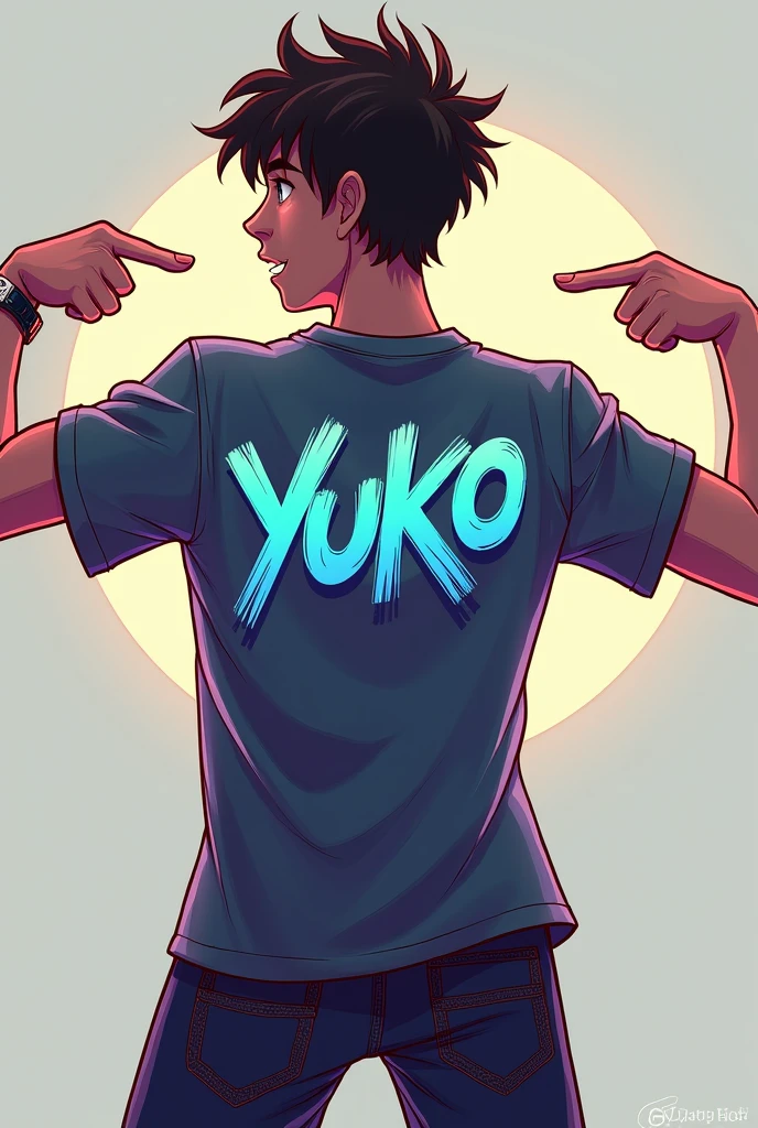 A gamer men is pointing with his both hand on her back and showing his T-shirt with Name Yuko written on it. Back side