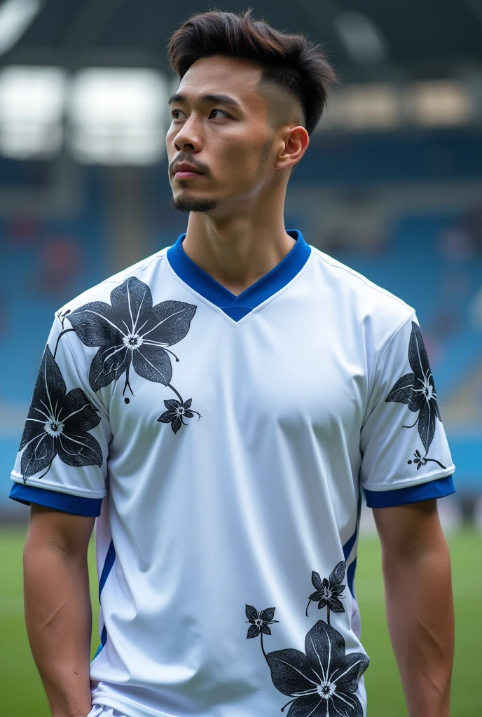 white team shirt with black orchids on the sleeve and blue collar. small orchids on both sleeves and on the bottom, most beautiful and detailed orchid drawing 