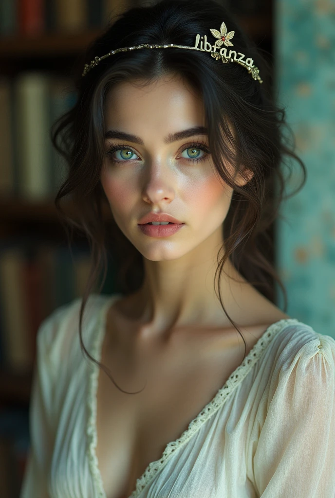 Generate a very beautiful woman with blue eyes, by white, greenish blue eyes, with a sign that says Libranza