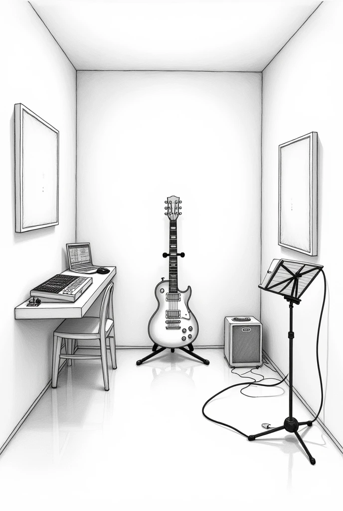 A sketch of a drawing of a room without color and that is of a person who likes the electric guitar without the person