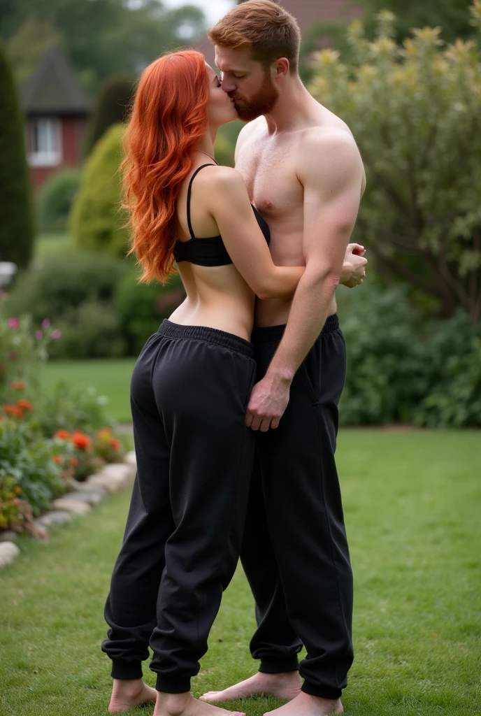 Red-headed, black sweatpants, Braless, Barefoot sexy woman kissing man in the garden.