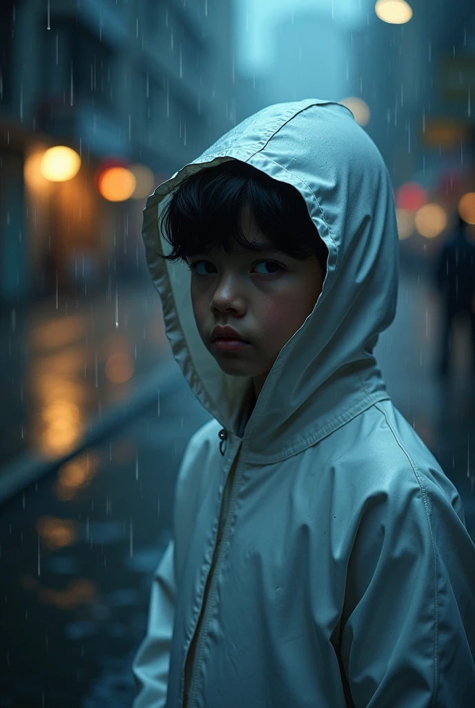 A boys with a hood alone in the rain, real photo, pouring rain, loneliness, best quality, ultra-detailed, realistic, portrait, dark tone, misty atmosphere, wet streets, hooded white raincoat, melancholy expression, invisible umbrella, lights sparkling, Urban environment, high resolution, vivid colors, Bokeh, night scene, NYC cityscape.