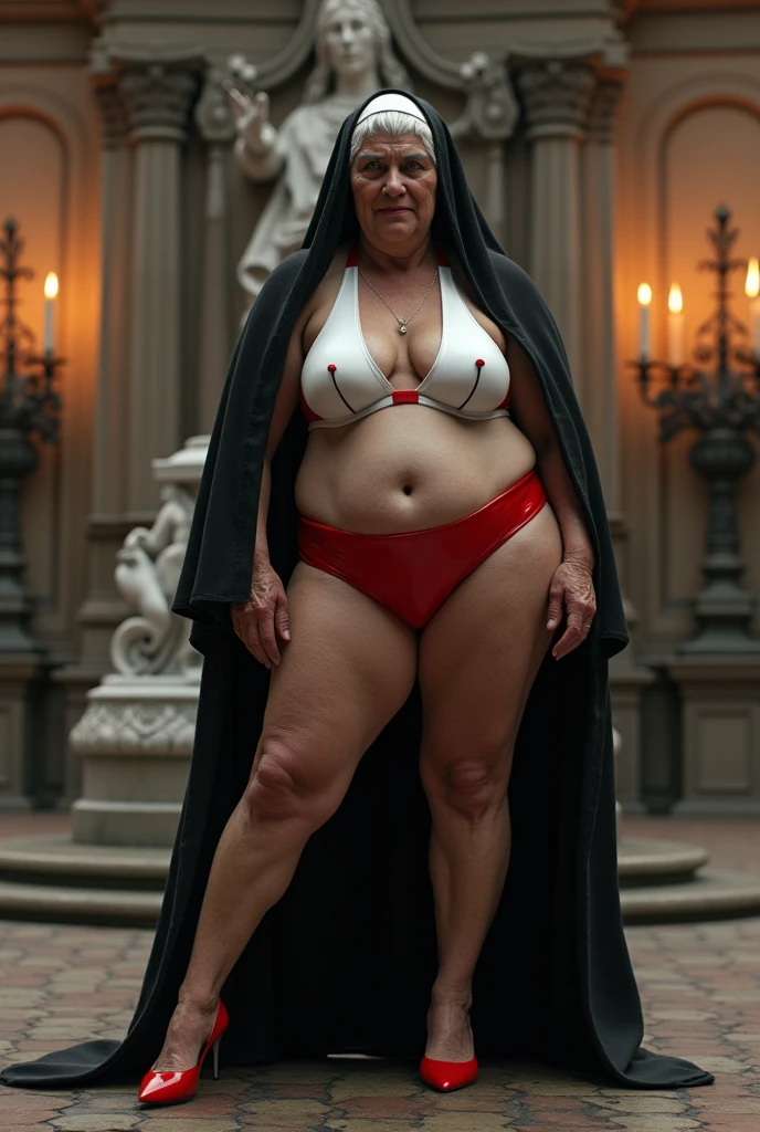 elderly 90 year old woman in the square in front of the church, dressed as a latex nun, white red latex bikini, funny smile, marble statue, dark octane rendering, see hard nipples on her breast, candle lighting, baroque, europe , mandala, side view from below, anatomically correct, big full breasts, she got fat, horny look, legs spread wide, muscular body, super detailed.