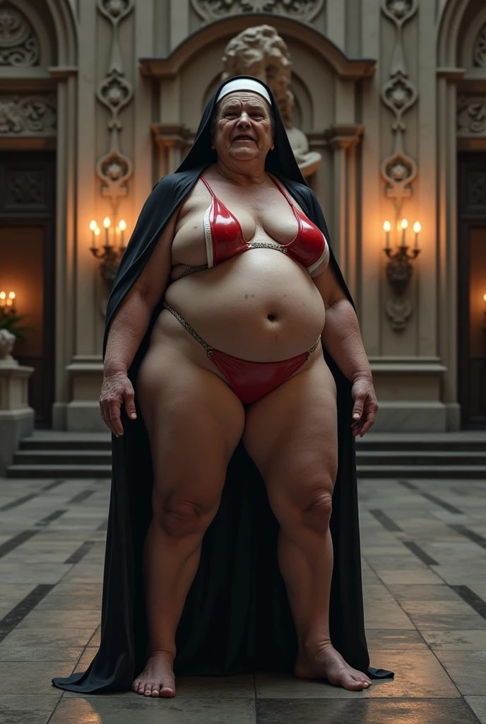 elderly 95yo woman outside of churche, dressed as a latex nun , latex bikiny, horny smile,huge shaggy breast, chubby, full nude figure, muscle figure, red octane render, strong daylight, baroque, european, mandala, side view from below, anatomically correct, big full breasts, busty, horny, spread legs wide, muscle body, super detailed.