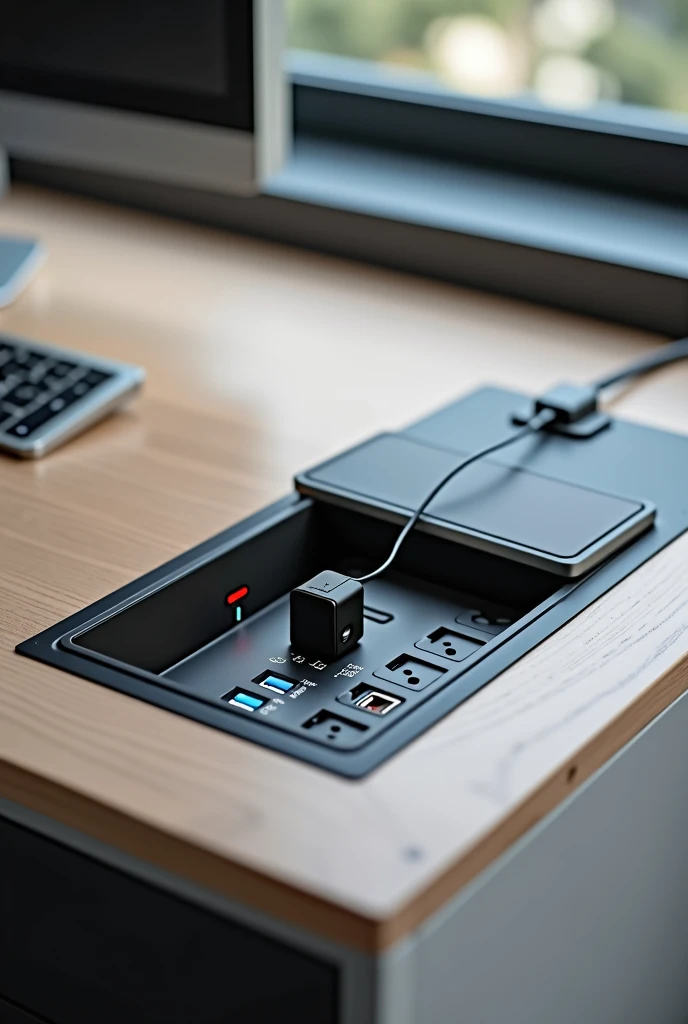 CREATE A Socket that is built into the Office Desk where it houses up to 5 electrical sockets and modules of your choice, USB and USB-C for data transfer or charging, red lo, and that it has a lid that closes it and has induction charging