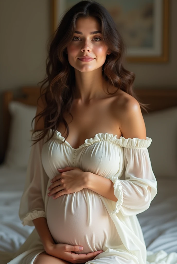 Young cinnamon-skinned woman with a slightly drooping nose, dark brown wavy hair with copper eyes and moles on her face. With a soft white nightgown and a 6-month pregnant belly
