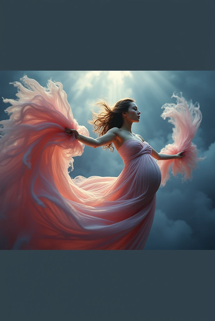 (masterpiece,best quality:1.5), cinematic photo A full body portrait of a levitating beautiful pregnent woman surrounded by a whirlwind of whiteand pink light clouds,pink and white dress,Daxiushan, Daxiushan style, volumetric lighting . 35mm photograph, film, bokeh, professional, 4k, highly detailed, realistic