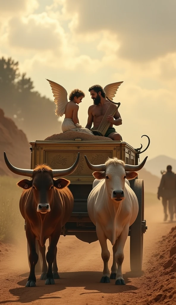 The Ark of the Covenant with two little angels, facing each other with their wings open, on top of the ox cart, oxen in front and King Solomon playing the harp further ahead, happy in life, Dirt road.
