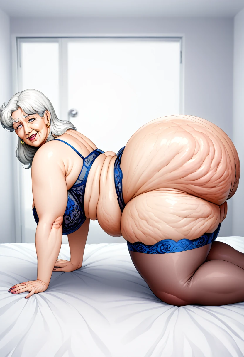 Elderly thick ssbbw with gigantic booty, gilf, huge thick hips, insanely inflated hips, very wide hips,very thick thighs,largest haunches ever , gigantic buttocks ,ssbbw, cellulite ,accentuated curves,on all fours, lingerie, having sex in hospital lobby ,side view