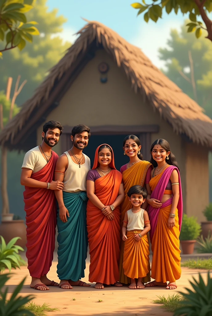 "A joyful Indian family of eight stands in front of a rural house, wearing traditional attire with smiles and happiness radiating from their faces. The house has a thatched roof, and the background reflects a serene village atmosphere."