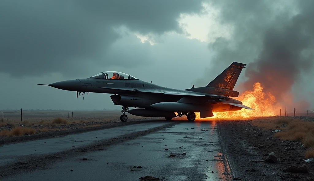 F-16 FIGHTER JET ON FIRE ON THE DAMAGE ROAD, GLOOMY WEATHER