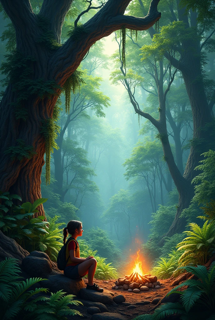 A landscape rain forest, bear camping girl, dark forest, ultra hd, realastic sharpness