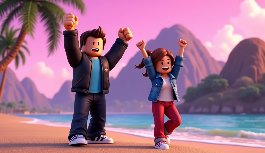 Beautiful tall and square Roblox dolls, man with brown hair in a black jacket with a blue shirt and black jeans with a woman with brown hair in a blue jacket and a white shirt with red jeans celebrating, Cartoon, Vice City GTA, stone mountain background on the beach with pink sky