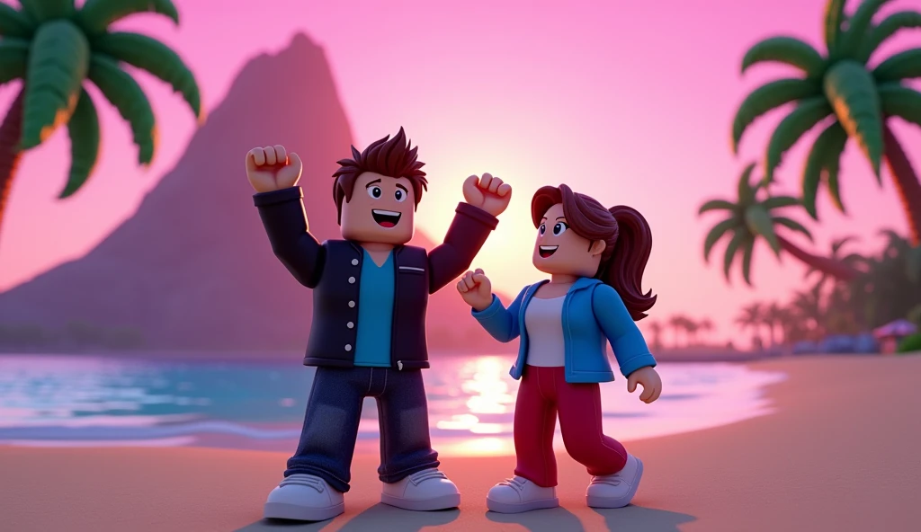 Beautiful tall and square Roblox dolls, man with brown hair in a black jacket with a blue shirt and black jeans with a woman with brown hair in a blue jacket and a white shirt with red jeans celebrating, Cartoon, Vice City GTA, stone mountain background on the beach with pink sky