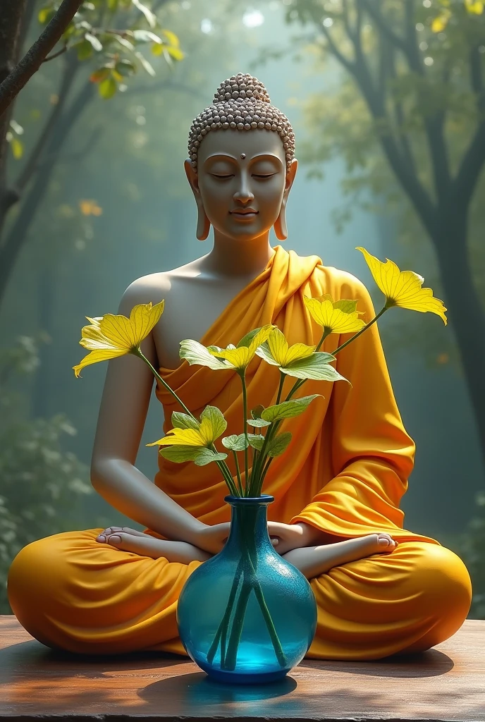 Portrait of gautam budh meditating in background and in main focous on Golden Pothos plant in blue bottle