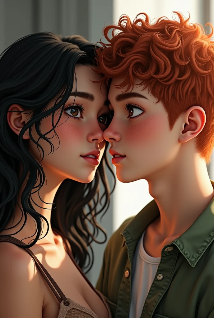 Brunette teenage woman with wavy black hair, A slightly oval face with dark Asian eyes next to a red-haired teenage man with curls and freckles 