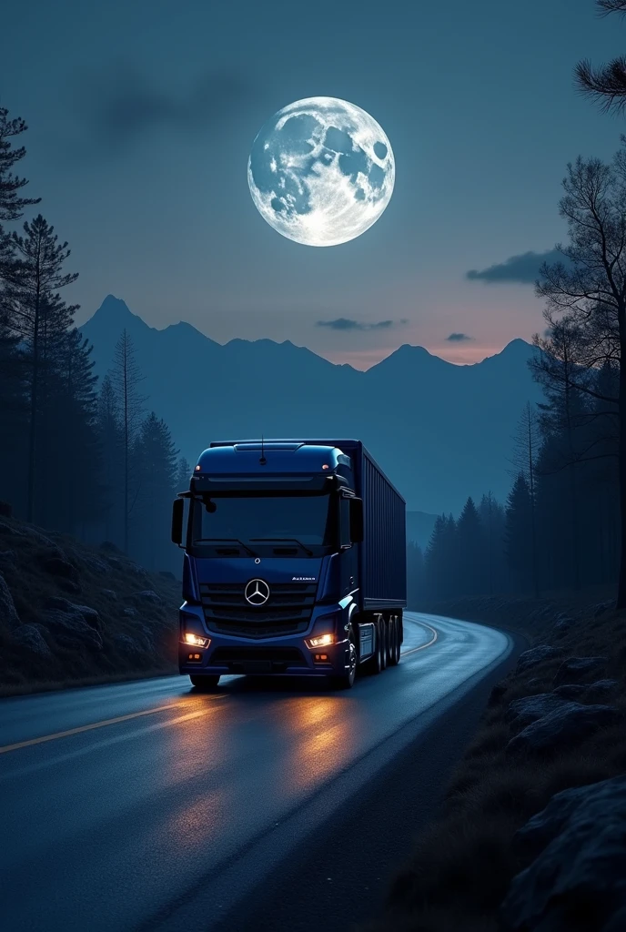 A powerful Mercedes-Benz truck driving on a long, winding road at dusk, with the sky transitioning from the warm colors of sunset to the deep blues of night. The moon, full and luminous, hangs in the sky, casting a silvery glow over the landscape. The truck, known for its reliability and strength, navigates through shadowy trees and distant mountains under the serene night sky. The scene exudes safety and protection, as if an invisible guardian is guiding the truck on its journey. The image should evoke feelings of trust, strength, and the calm assurance of a protected journey under the moonlight.