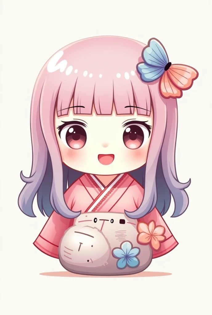 Japanese kokeshi drawing for logo, with big bright eyes, an adorable smile, and slightly rosy cheeks. Long pink and lilac hair, with straight bangs that fall just above the eyebrows. The expression of the kokeshi is joyful, transmitting a feeling of warmth and tenderness. The colors of the design are soft and pastel, with details in pink and blue tones for an even more adorable look. The background is simple and clear to highlight the central character..