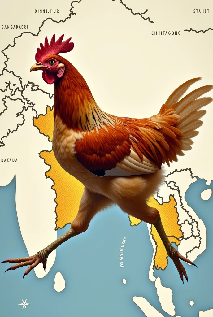 Certainly! He
"An edited political map of Bangladesh where a right facing chicken’s body is integrated into the map. The chicken’s leg should be placed directly over the Chittagong region, with the leg and map subtly blended together using a slight blur effect. The blur should be just enough to make both the Chittagong region and the chicken leg visible and distinct while ensuring they blend naturally. The map and chicken should retain realistic details, with the map remaining clearly visible. In a way where the map of Bangladesh looks like a chicken flapping wings with sylhet looking like wing and Chittagong looking like a leg. Running Chicken head is on dinajpur and body on dhaka and one leg on Chittagong as spread for running. 

Chicken has left facing body on map with leg on Chittagong 