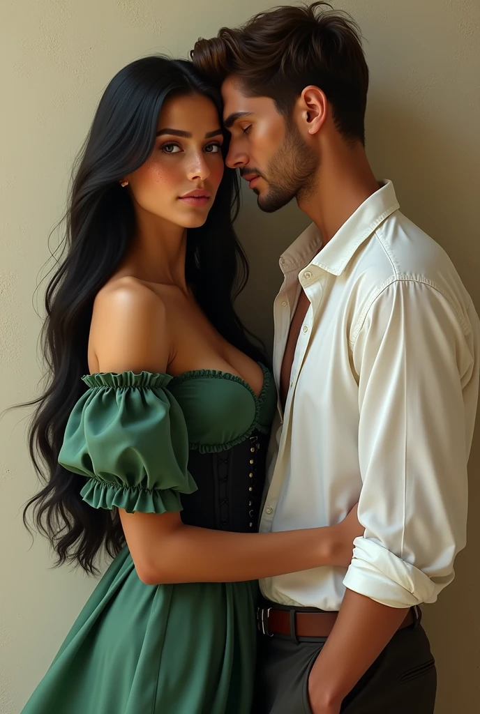 Create an image of a tanned woman without makeup with long hair,smooth and very black ,brown eyes,freckles only on the cheeks and nose and a medium sized mouth. She must be wearing a long green dress with puffed sleeves and a black corset and a white-skinned man with brown hair and hazel eyes.,sem beard ,wearing a white long sleeve shirt with the top two buttons open ,must be leaning against the wall