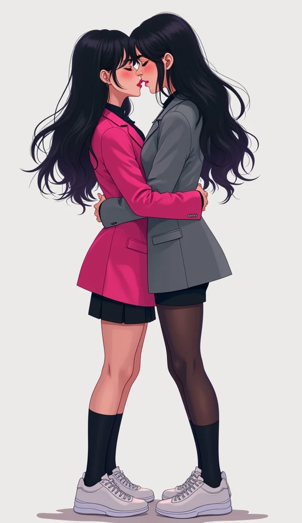Two young womens long black hair, yuri, same height.
The first young women wear a hot pink suit jacket, The second young women wore a grey suit jacket, they are wearing the black shirt, black pencil skirt, black underpants, long black tights, medium black socks, white sneakers.
french kiss, lesbian kiss, huggings, sensual bodies, closed eyes, light grey background, cartoon novel, 4K, HD