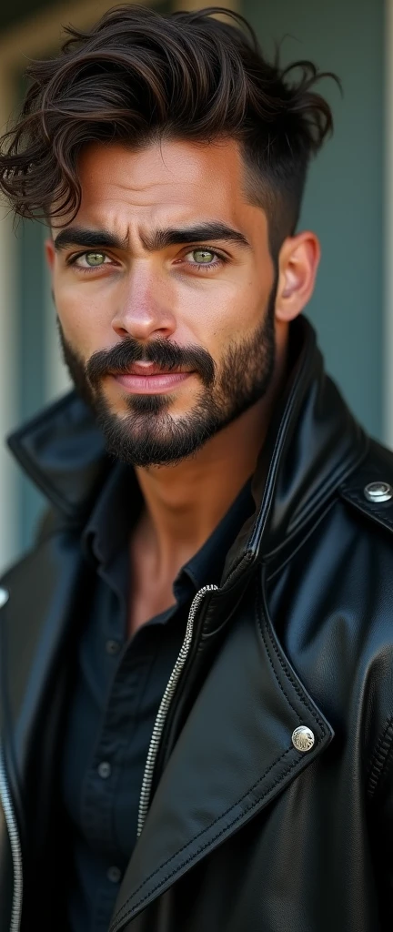 Young man wearing black clothes and a leather jacket highlighting his broad shoulders, strong, defined jaw, scruffy beard, green eyes and smiling
