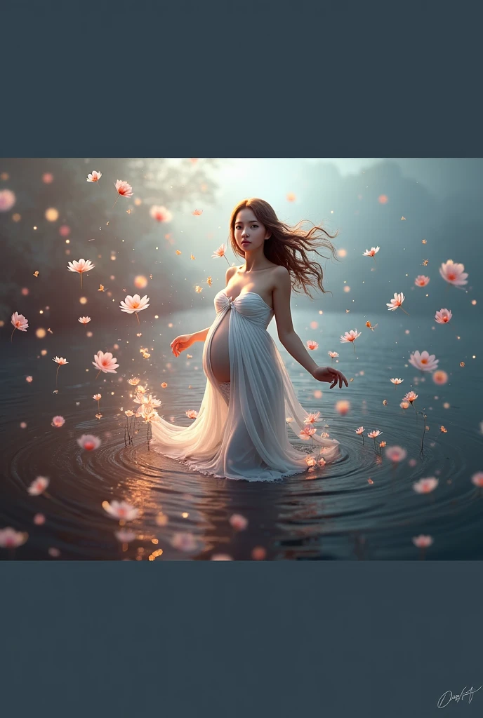 pregnant woman in flowing dress standing in water with flowers, digital art inspired by Cynthia Sheppard, cgsociety contest winner, digital art, beautiful digital artwork, beautiful gorgeous digital art, maternal photography 4 k, beautiful digital art, very beautiful digital art, gorgeous digital art, lady with glowing flowers dress, she is floating in the air, light effect. modern fantasy