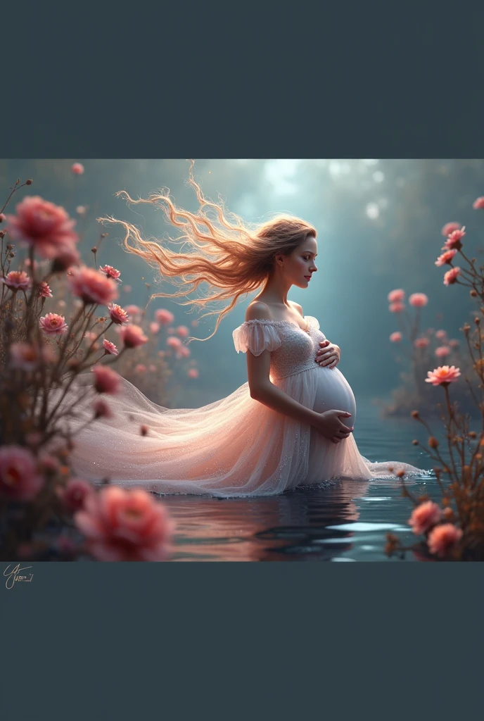 pregnant woman in flowing dress standing in water with flowers, digital art inspired by Cynthia Sheppard, cgsociety contest winner, digital art, beautiful digital artwork, beautiful gorgeous digital art, maternal photography 4 k, beautiful digital art, very beautiful digital art, gorgeous digital art, lady with glowing flowers dress, she is floating in the air, light effect. modern fantasy