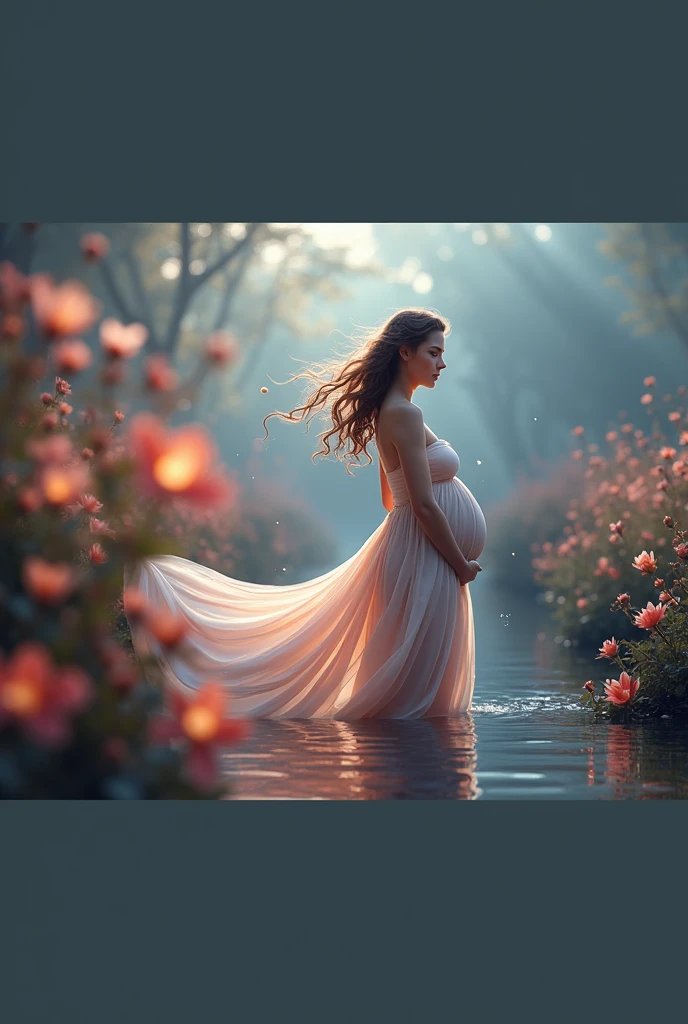 pregnant woman in flowing dress standing in water with flowers, digital art inspired by Cynthia Sheppard, cgsociety contest winner, digital art, beautiful digital artwork, beautiful gorgeous digital art, maternal photography 4 k, beautiful digital art, very beautiful digital art, gorgeous digital art, lady with glowing flowers dress, she is floating in the air, light effect. modern fantasy