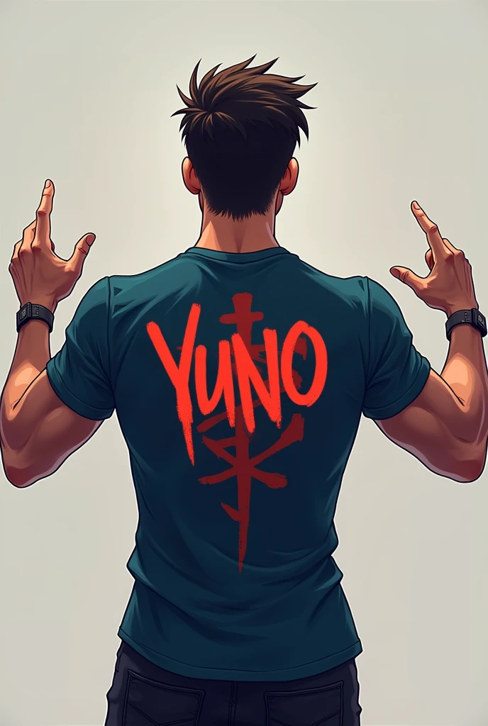 A gamer men is pointing with his both hand on her back and showing his T-shirt with Name Yuno
written on it. Back side