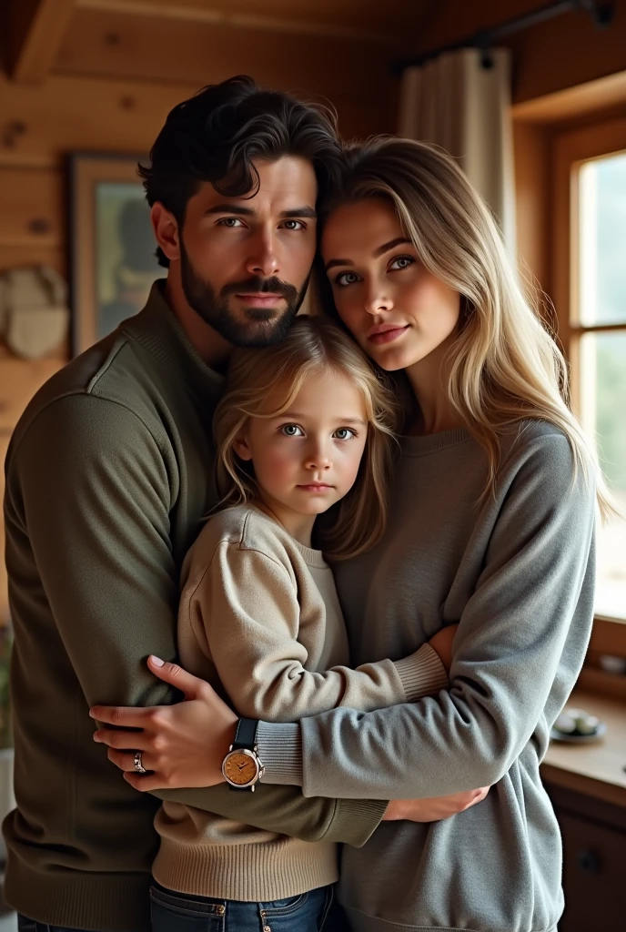 (Photorealism:1.1) a couple man dark brown hair and brown eyes together with a woman blonde green eyes long hair e uma criança loira de 8 anos em um chalé em Lugano e um IWC portuguese e usando aliança de casamento 8k ultra realistic super detailed
