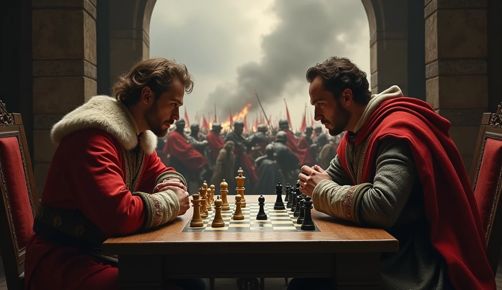 A captivating scene featuring Edward III and Philip VI engaged in a tense chess match, set against the dramatic backdrop of a medieval battlefield. Edward and Philip, dressed in regal, period-specific attire, focus intently on the chessboard, their expressions reflecting strategic contemplation and fierce rivalry. Behind them, through a large arched window or open archway, the chaos of battle unfolds with dark, swirling smoke and distant flashes of combat. The battlefield is filled with clashing soldiers and fluttering banners, adding a stark contrast to the calm yet intense chess game. The rich, shadowy tones and detailed, evocative style of Edmund Blair Leighton enhance the cinematic and dark atmosphere, illustrating the strategic and personal stakes of the conflict., Surrealism, Hyperrealism, UHD, retina, masterpiece, accurate, anatomically correct, textured skin, super detail, best quality, 16k