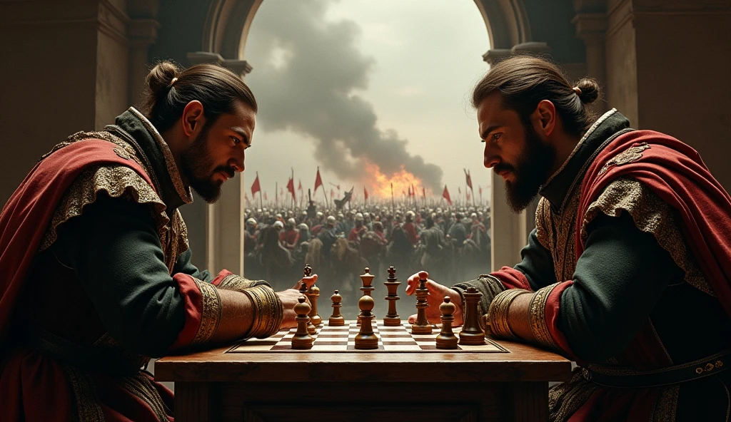 A captivating scene featuring Edward III and Philip VI engaged in a tense chess match, set against the dramatic backdrop of a medieval battlefield. Edward and Philip, dressed in regal, period-specific attire, focus intently on the chessboard, their expressions reflecting strategic contemplation and fierce rivalry. Behind them, through a large arched window or open archway, the chaos of battle unfolds with dark, swirling smoke and distant flashes of combat. The battlefield is filled with clashing soldiers and fluttering banners, adding a stark contrast to the calm yet intense chess game. The rich, shadowy tones and detailed, evocative style of Edmund Blair Leighton enhance the cinematic and dark atmosphere, illustrating the strategic and personal stakes of the conflict., Surrealism, Hyperrealism, UHD, retina, masterpiece, accurate, anatomically correct, textured skin, super detail, best quality, 16k